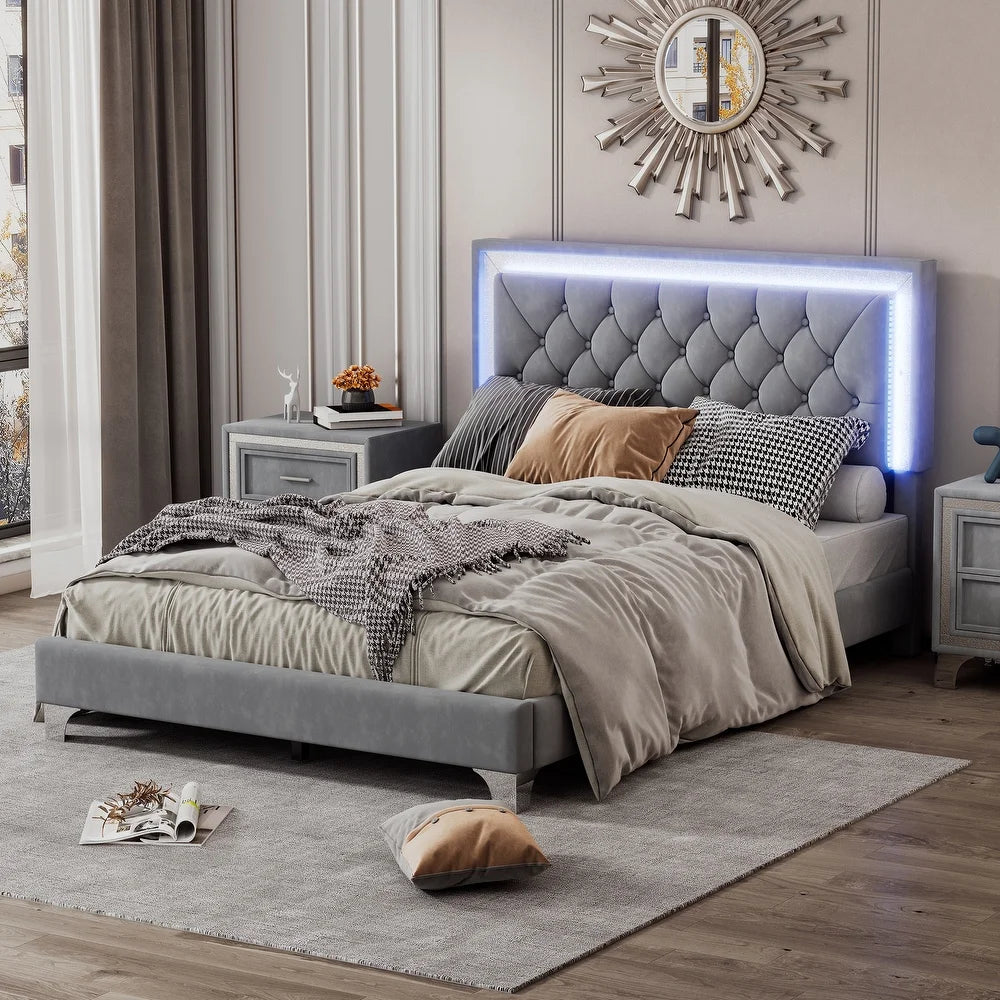 Full Size Upholstered Bed Frame with Luxo Nation  Modern Velvet Platform Bed with Tufted Headboard